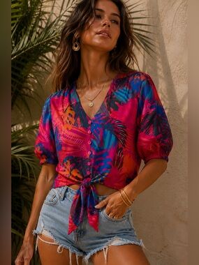 Joie silky tropical print front tie blouse
